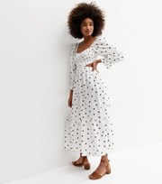 New Look White Spot Linen-Look Cut Out Tiered Midi Dress